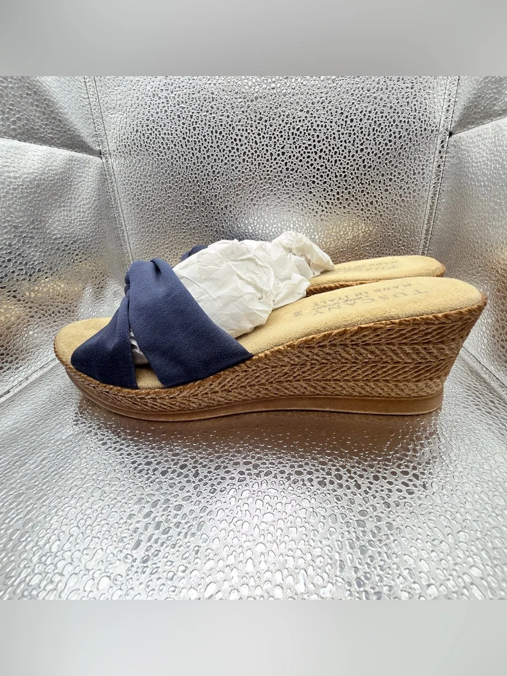 easy street Navy Knotted Espadrille Wedge Slide